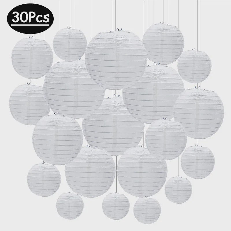 30 Stuks Witte Papieren Lampionnen Set - Ronde Chinese Hangende Decoratie voor Feesten