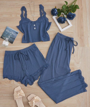 Dames 3-delige Pyjamaset met Kant - Zomer Vest, Shorts & Lange Broek