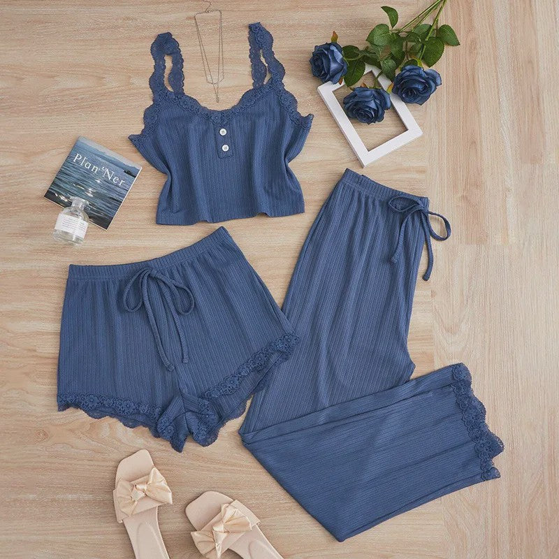 Dames 3-delige Pyjamaset met Kant - Zomer Vest, Shorts & Lange Broek