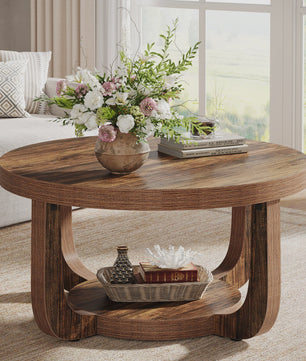 Ronde Salontafel met 2 Niveaus en Opslag - Modern Houten Accent Tafel