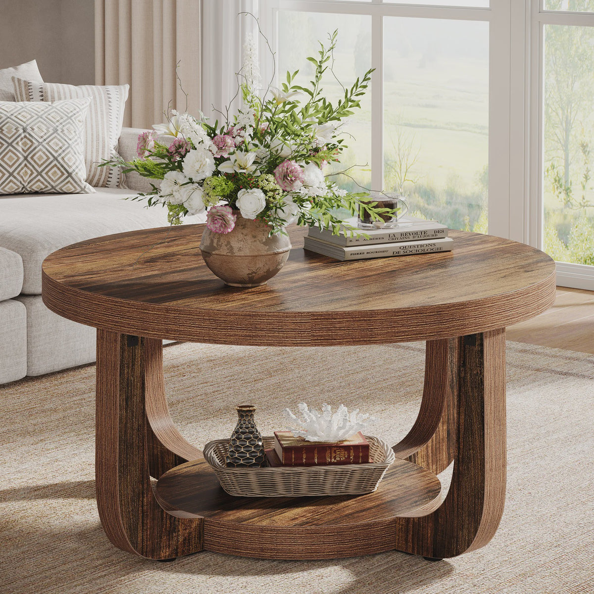 Ronde Salontafel met 2 Niveaus en Opslag - Modern Houten Accent Tafel