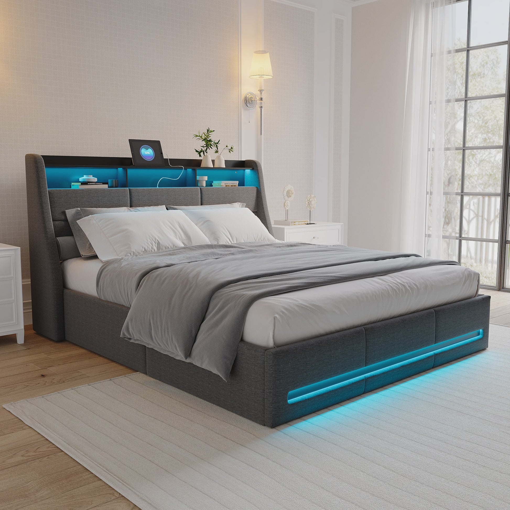 Luxe Gestoffeerd Bed 140/160x200cm met LED Verlichting, USB en Opbergruimte