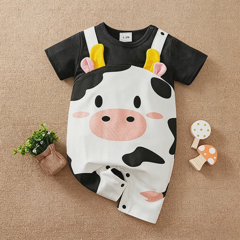 Schattige Baby Jumpsuit met Koeienprint en Nep-bretels - Zomerkleding 0-18M