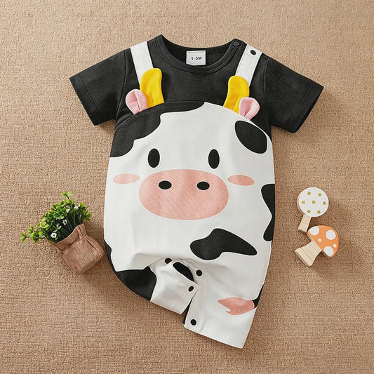 Schattige Baby Jumpsuit met Koeienprint en Nep-bretels - Zomerkleding 0-18M