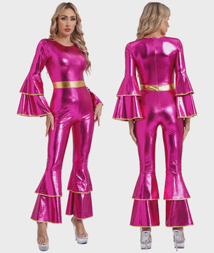 Dames Jumpsuit 70s Disco Metallic Met Wijde Pijpen en Flare Mouwen