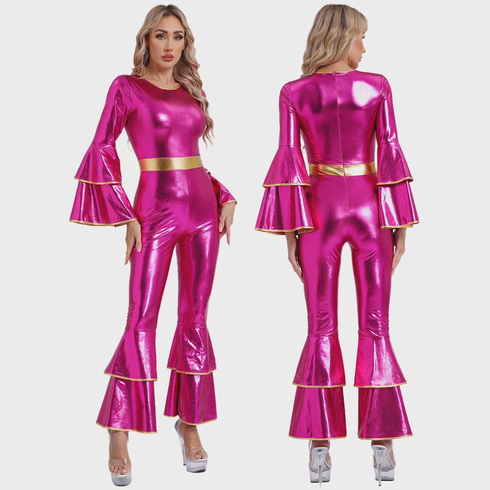 Dames Jumpsuit 70s Disco Metallic Met Wijde Pijpen en Flare Mouwen