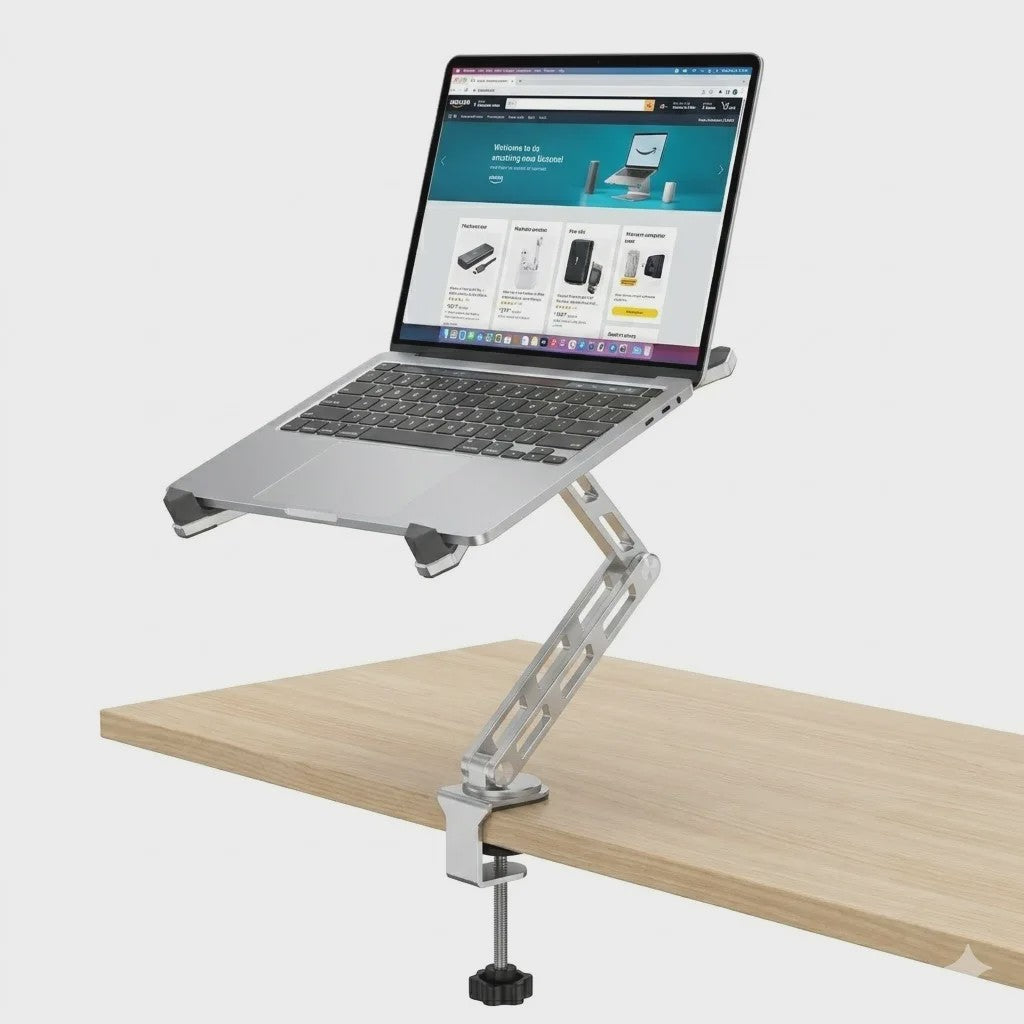 2-in-1 Afneembare Laptopstandaard met 360° Draaibare Basis & Tablet Arm - Opvouwbaar & Ruimtebesparend