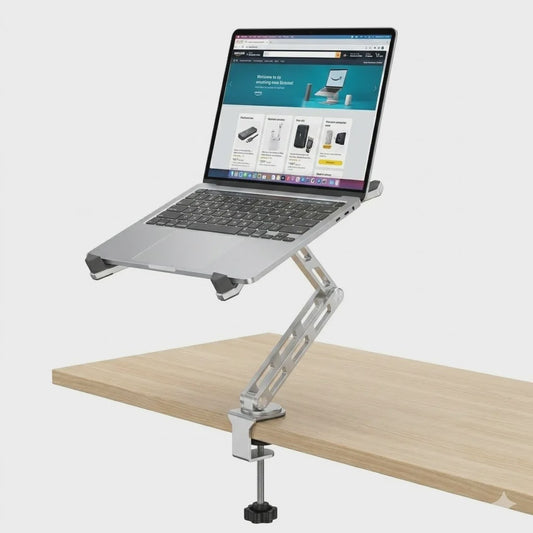 2-in-1 Afneembare Laptopstandaard met 360° Draaibare Basis & Tablet Arm - Opvouwbaar & Ruimtebesparend