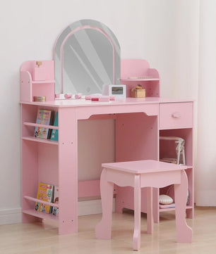 Prinsessenkaptafel met Verlichte Spiegel en Krukje - Kinder Make-up Tafel met Opbergruimte