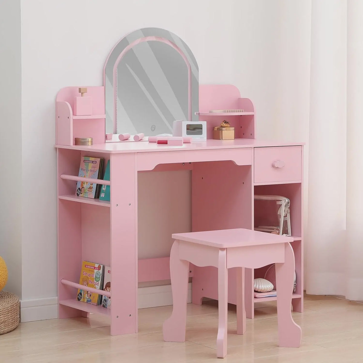 Prinsessenkaptafel met Verlichte Spiegel en Krukje - Kinder Make-up Tafel met Opbergruimte