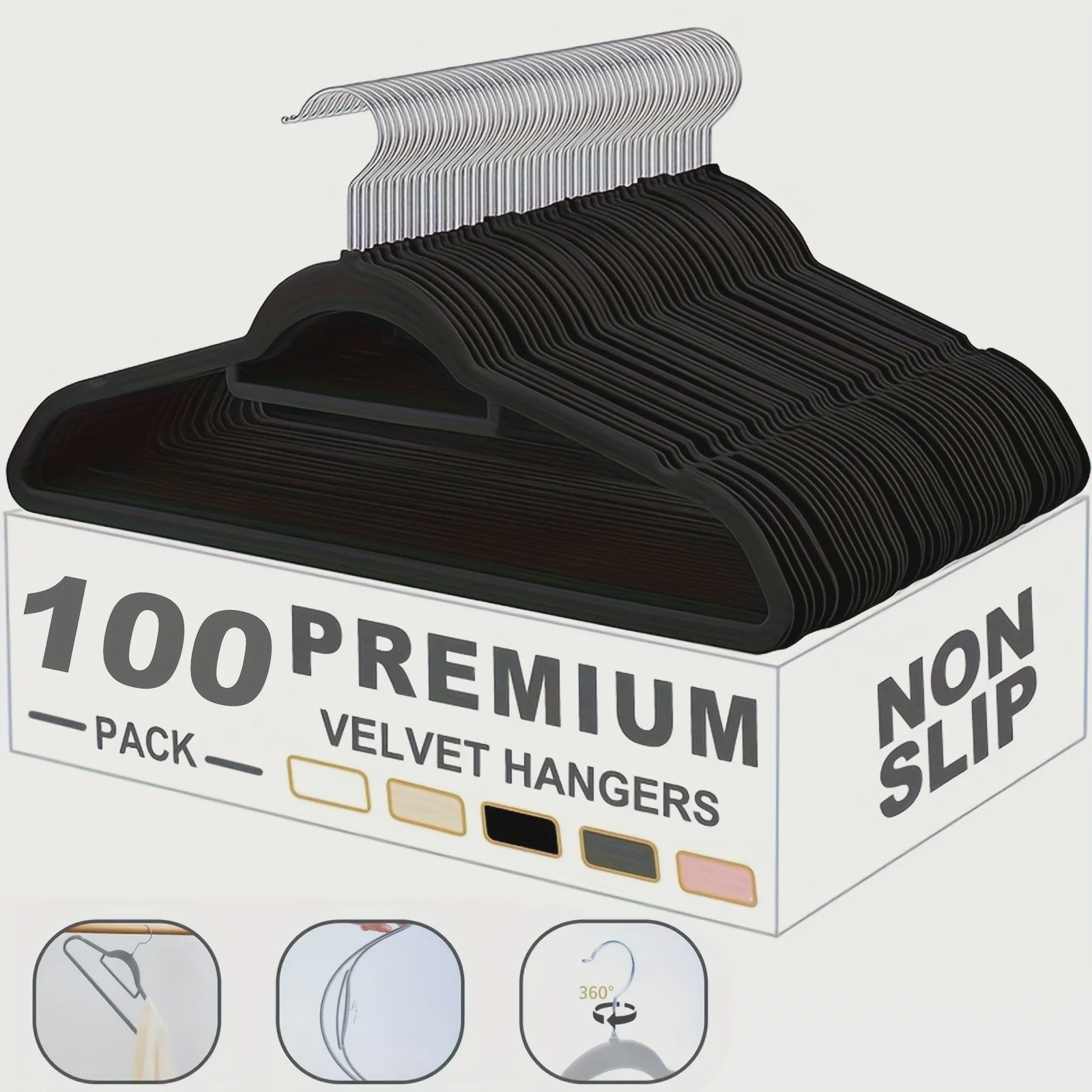 100x Zwarte Fluwelen Kledinghangers - Ruimtebesparend, Draaibaar & Antislip