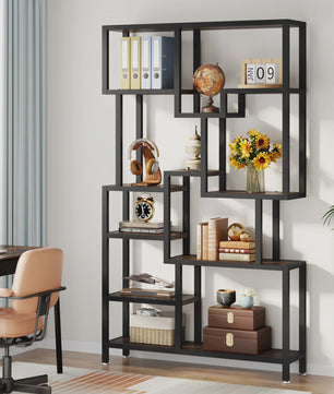 Industriële Boekenkast 7-Laags - 180cm Hoge Etagere met Metalen Frame & Rustiek Bruine Houten Planken