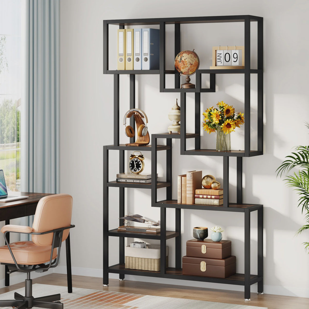Industriële Boekenkast 7-Laags - 180cm Hoge Etagere met Metalen Frame & Rustiek Bruine Houten Planken