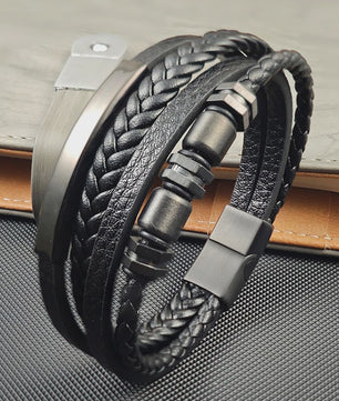 Luxe Heren Armband van Gevlochten Leer met Magnetische Sluiting en RVS Details