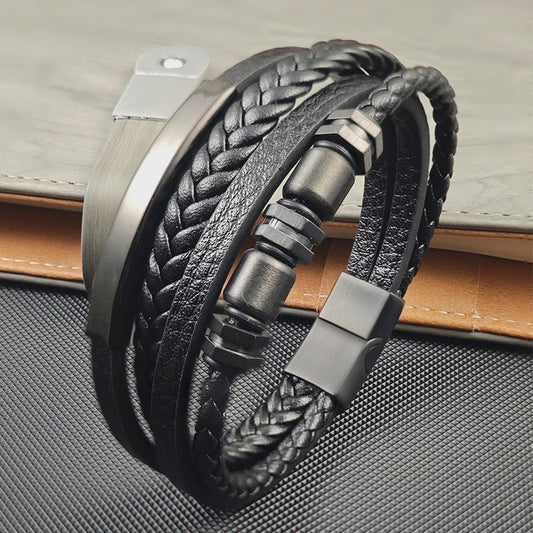 Luxe Heren Armband van Gevlochten Leer met Magnetische Sluiting en RVS Details