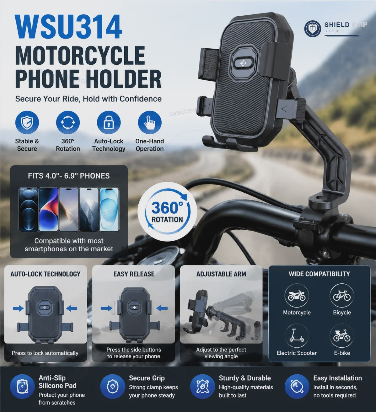 Universele Motor Telefoonhouder met Automatisch Sluitingssysteem - 360° Verstelbaar voor Fiets, Scooter & E-Bike