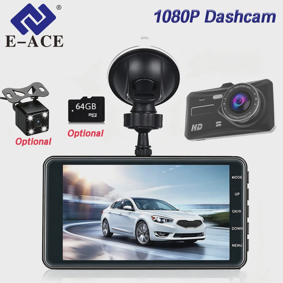 E-ACE Full HD 1080P Dash Cam met 4-inch Touch IPS Scherm, Dubbele Camera Voor & Achter, Nachtzicht en Parkeerfunctie