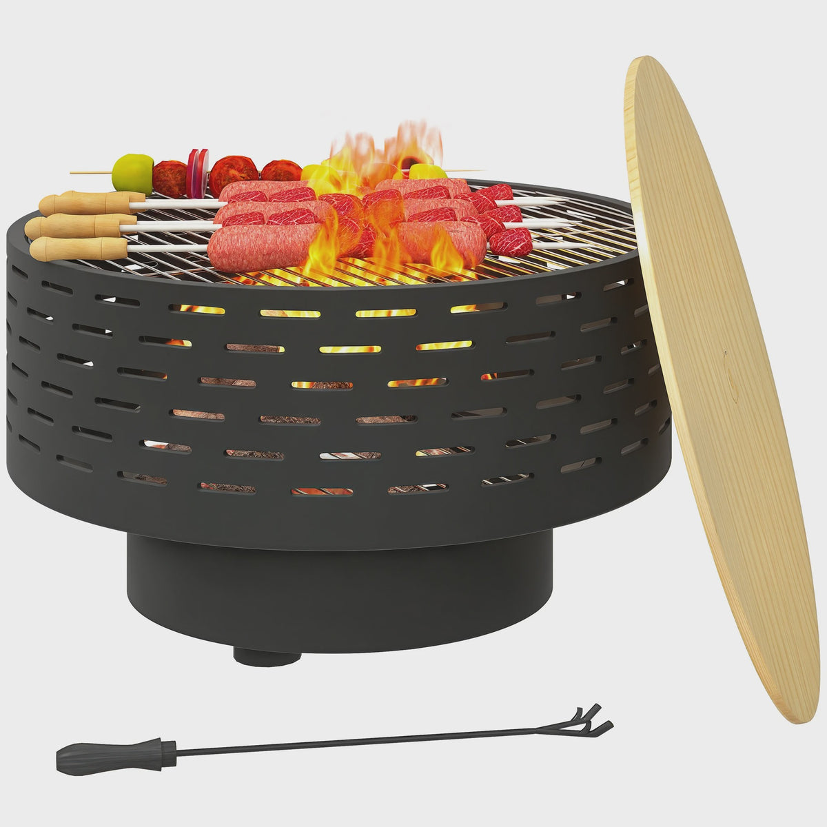 Outsunny 3-in-1 Vuurschaal met Grillrooster - Ø60cm - Vuurkorf, BBQ & Tuin Tafel