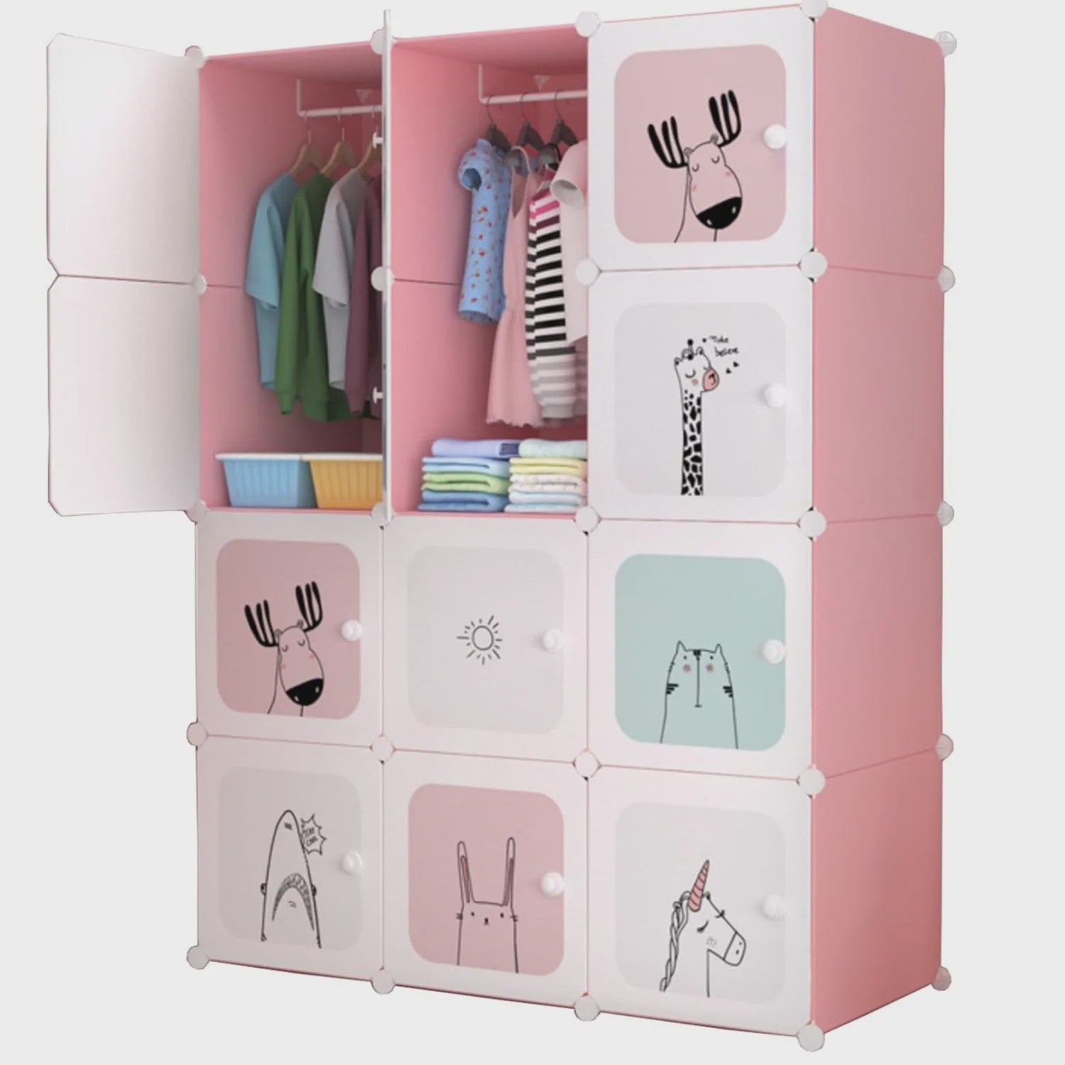 Modulair Kinderkastje met 12 Roze/Blauwe Kubussen en Dierenprints
