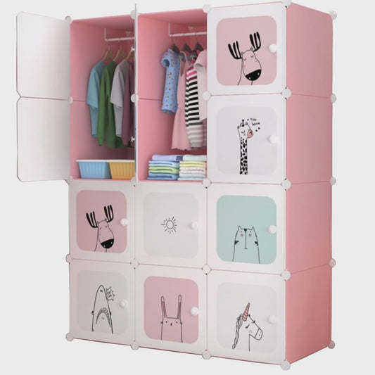 Modulair Kinderkastje met 12 Roze/Blauwe Kubussen en Dierenprints
