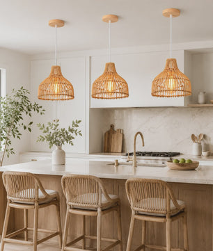 Rieten Hanglamp 24cm - Boho Stijl Plafondlamp voor Keuken, Woon- en Eetkamer