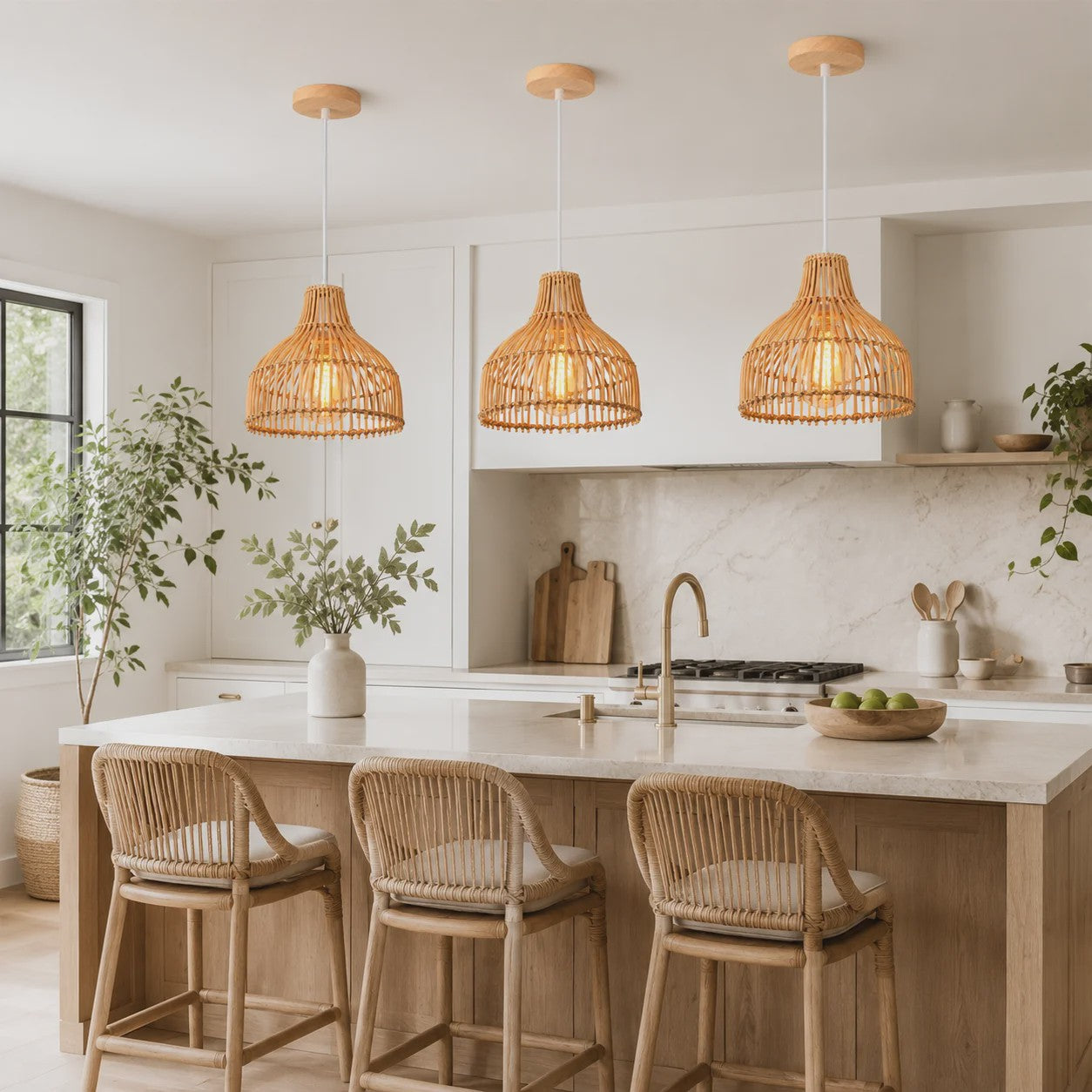 Rieten Hanglamp 24cm - Boho Stijl Plafondlamp voor Keuken, Woon- en Eetkamer