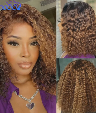 Ombre Bob Pruik van Menselijk Haar - Krullend, Honey Blonde Highlights, Glueless 5x5 HD Lace Wig, 16 Inch