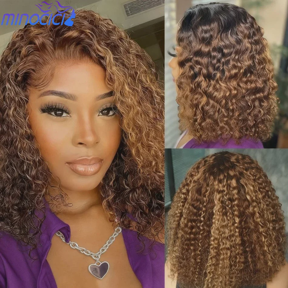 Ombre Bob Pruik van Menselijk Haar - Krullend, Honey Blonde Highlights, Glueless 5x5 HD Lace Wig, 16 Inch