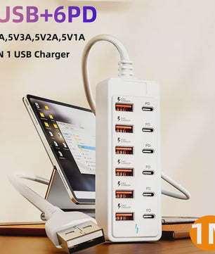 12-in-1 USB Laadstation met 6x USB-C PD en 6x USB-A | Snellader voor Desktop & Wand