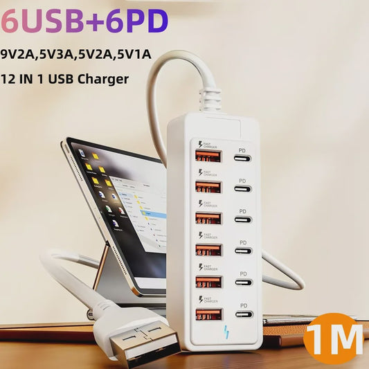 12-in-1 USB Laadstation met 6x USB-C PD en 6x USB-A | Snellader voor Desktop & Wand