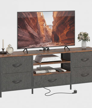 HOMCOM TV Meubel 140cm met 5 Lades, Open Planken en Laadstation - Rustiek Bruin