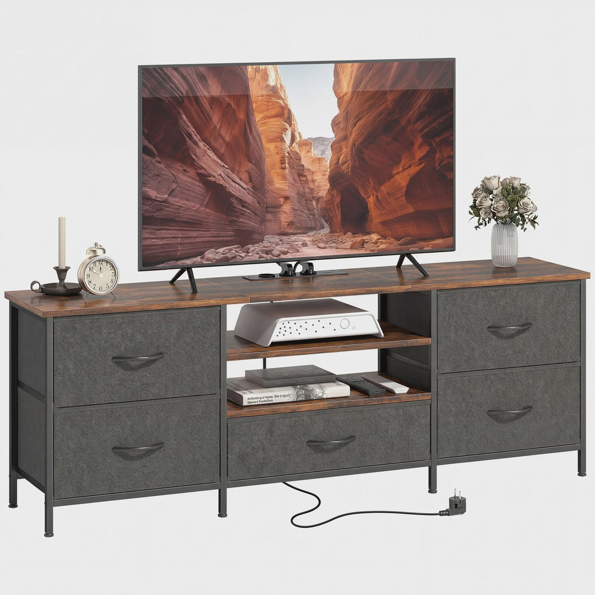 HOMCOM TV Meubel 140cm met 5 Lades, Open Planken en Laadstation - Rustiek Bruin