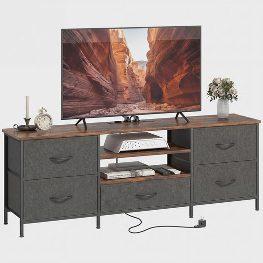 HOMCOM TV Meubel 140cm met 5 Lades, Open Planken en Laadstation - Rustiek Bruin