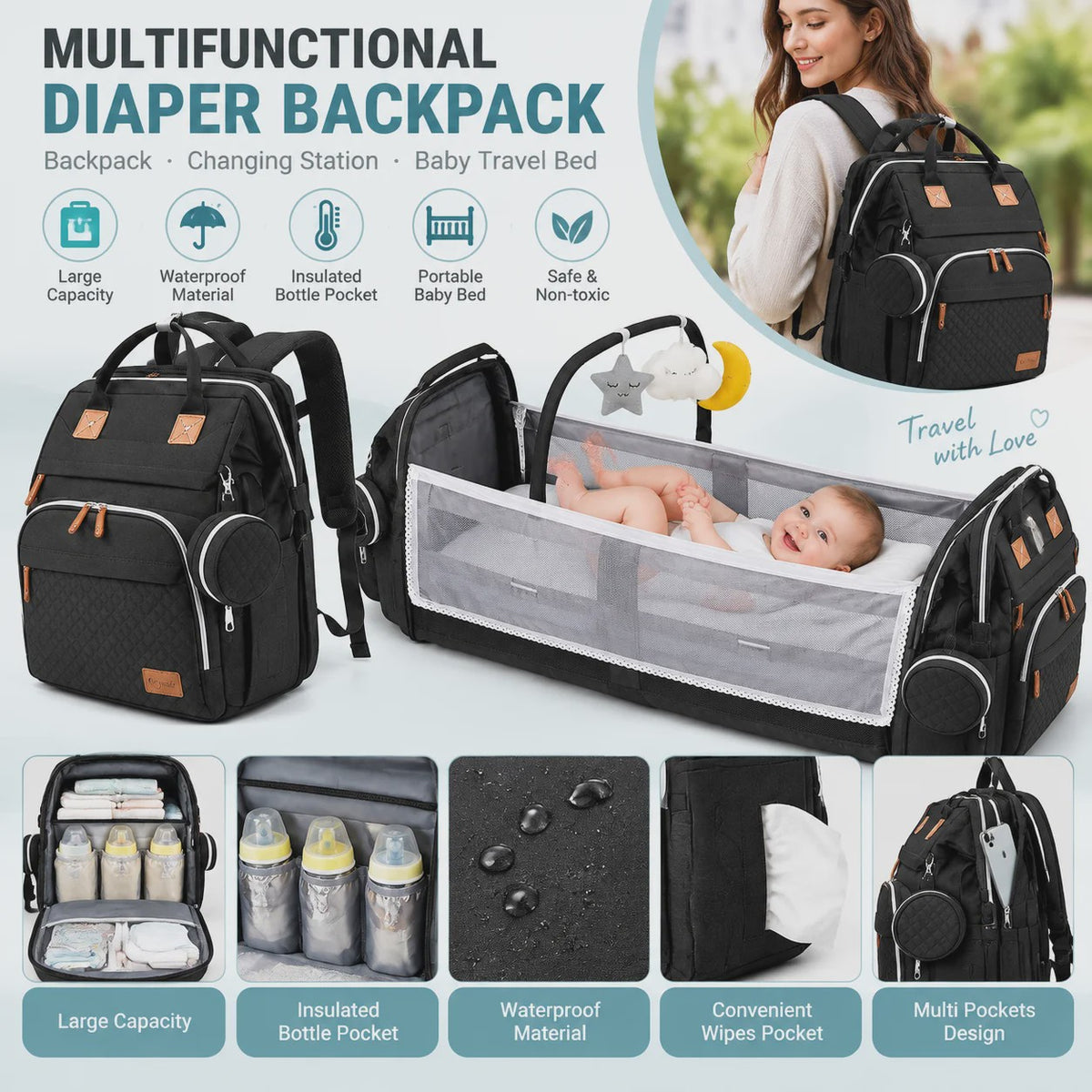 Multifunctionele Luiertas Rugzak met Babybedje, USB-poort en Aankleedkussen - Waterdicht