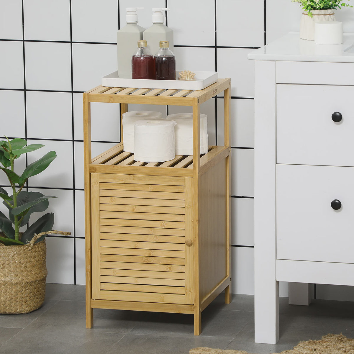 Bamboe Badkamermeubel met Kastje en Open Planken - 33x36.5x67 cm