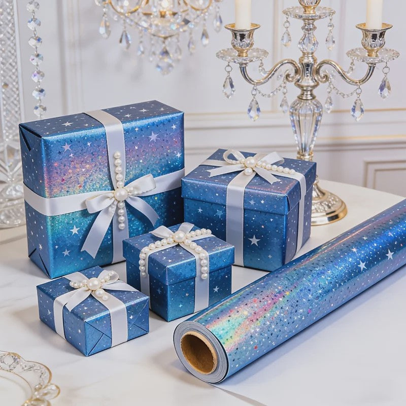 Holografisch Sterren Cadeaupapier Blauw - Glanzend & Feestelijk
