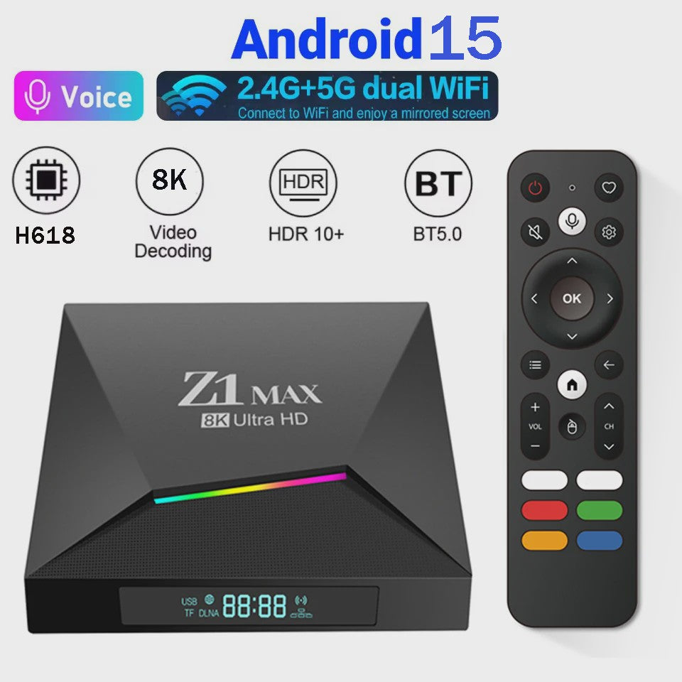 Z1 Max Android 15 Smart TV Box: 8K Ultra HD Media Player met 4GB RAM & Dual WiFi