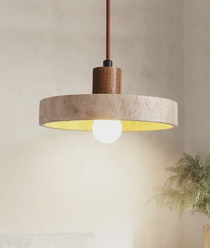 Natuurlijke Travertin Hanglamp met Houten Accent - E27 Fitting