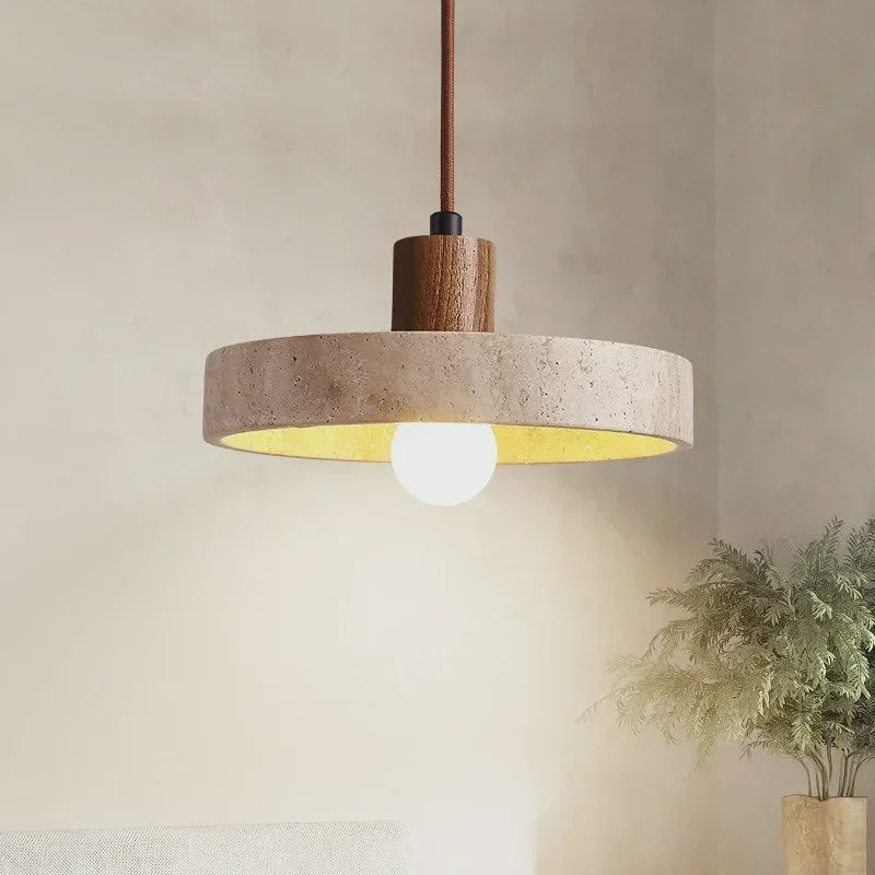 Natuurlijke Travertin Hanglamp met Houten Accent - E27 Fitting