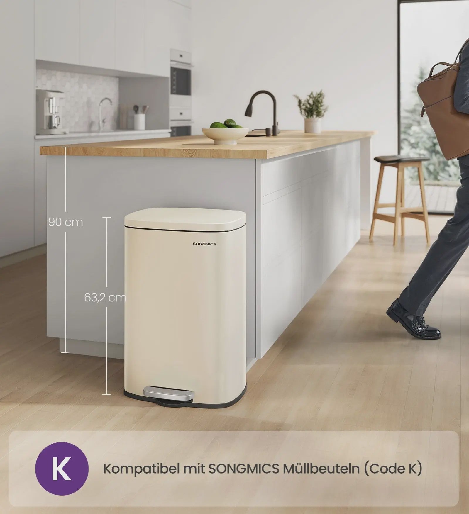 50L Keukenprullenbak met Voetpedaal, Soft Close & Uitneembare Binnenemmer
