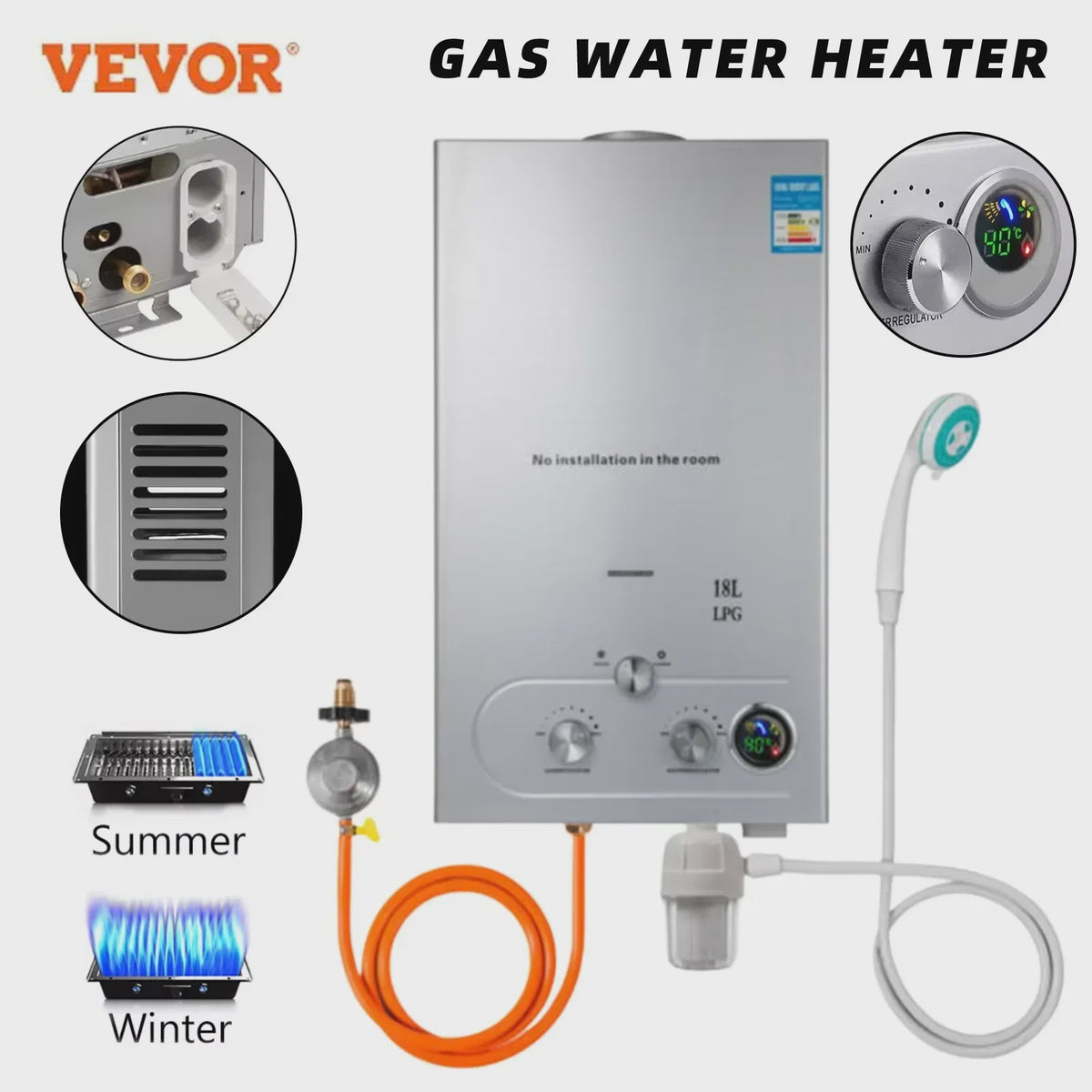 VEVOR LPG Gas Waterverwarmer - Direct Heet Water met 6L tot 18L Capaciteit