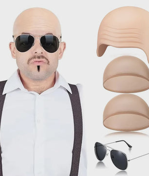 Set van 4 Kale Hoofd Pruikenkapjes & Accessoires voor Cosplay en Feest