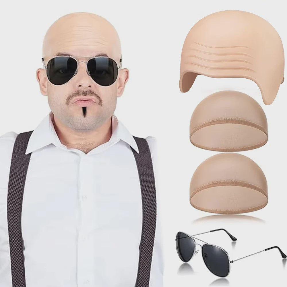Set van 4 Kale Hoofd Pruikenkapjes & Accessoires voor Cosplay en Feest