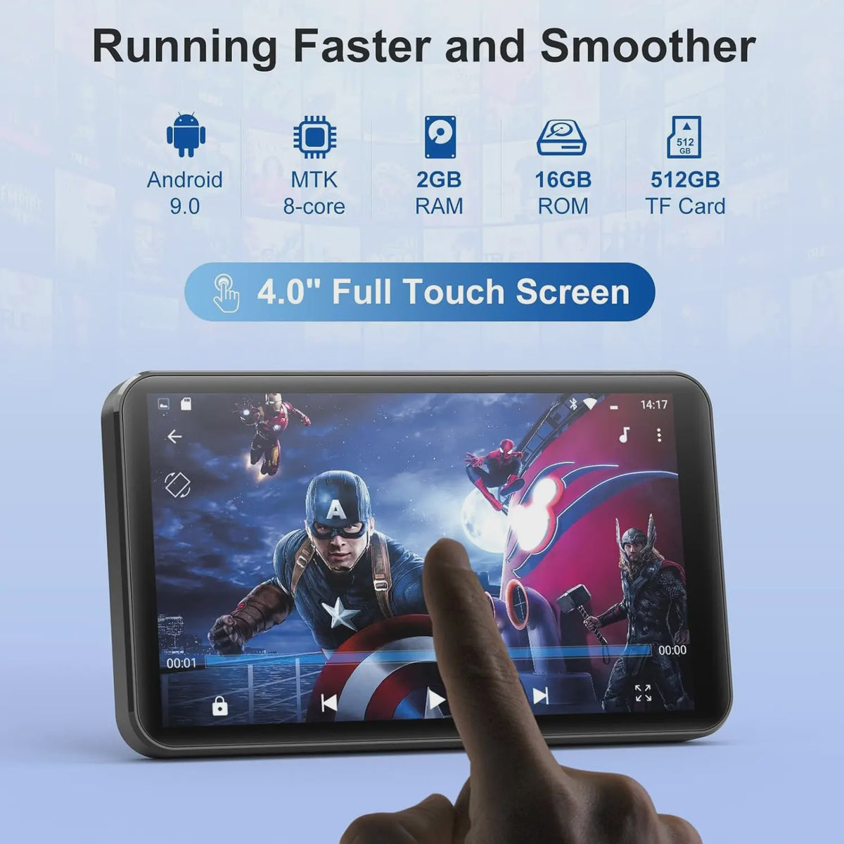 MP3 Speler met Bluetooth & WiFi: 4" Touchscreen, Android 9.0, 8-Core Processor
