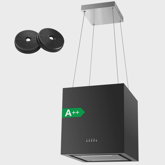 Zwarte Eiland Afzuigkap 800m³/u, Energie A+, 5-laags Filter, LED, Zonder Afvoer, Drukknop Bediening