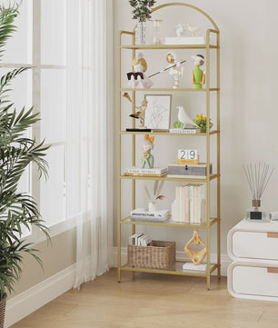 Gouden Boekenkast met 6 Planken van Gehard Glas en Stalen Frame
