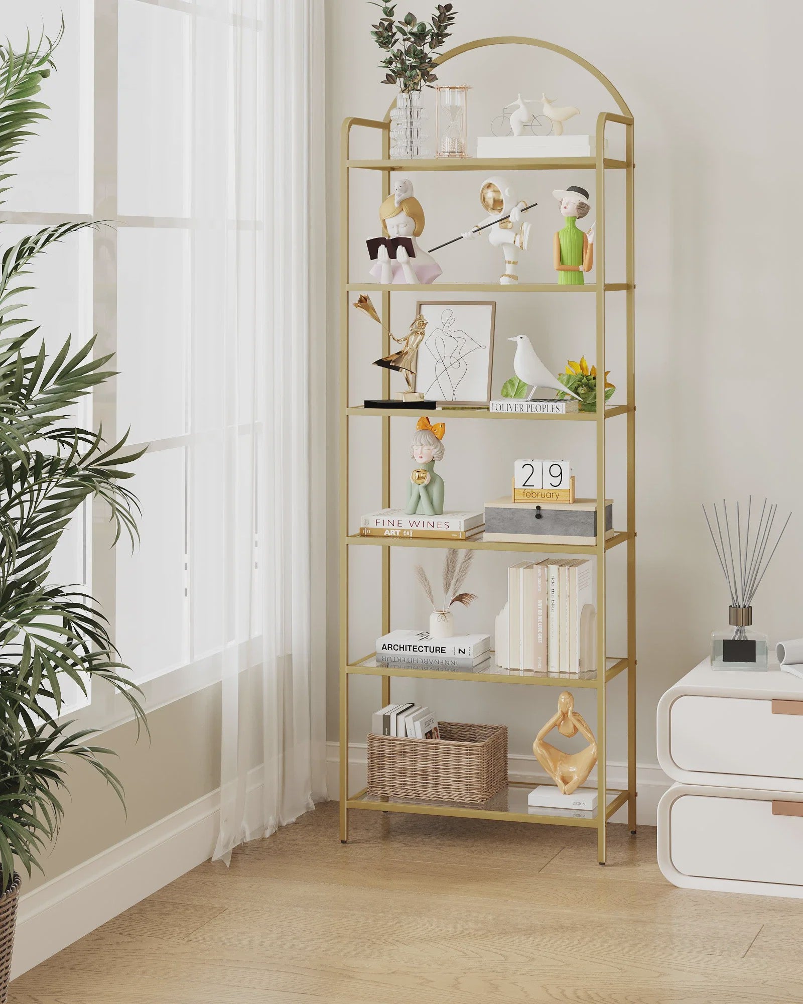 Gouden Boekenkast met 6 Planken van Gehard Glas en Stalen Frame