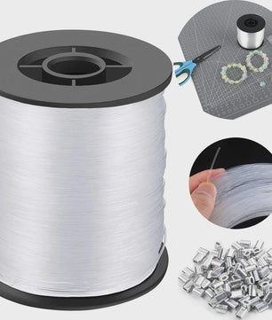 Sterk Nylon Draad 0.8mm x 200m - Transparant Ophangkoord met 100 Aluminium Krimpkokers