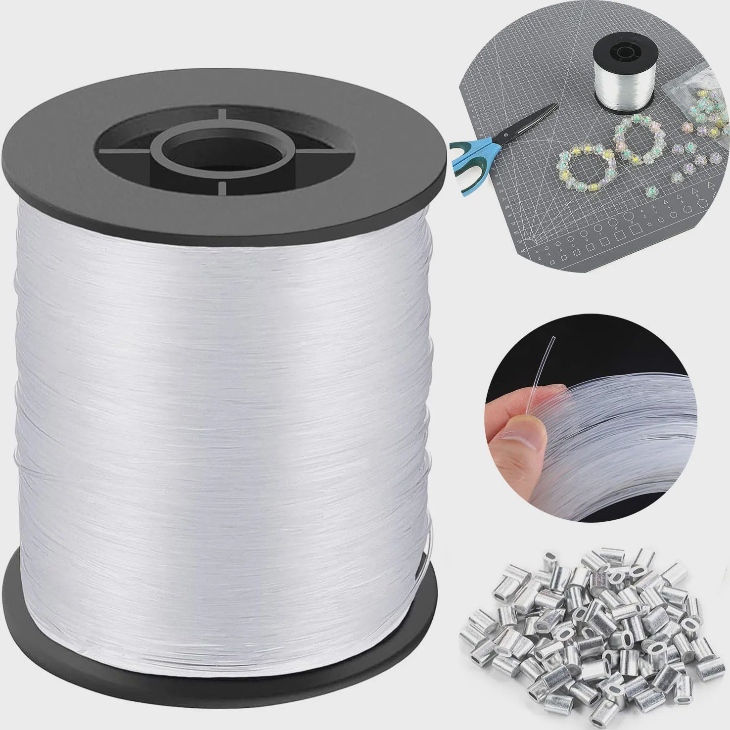 Sterk Nylon Draad 0.8mm x 200m - Transparant Ophangkoord met 100 Aluminium Krimpkokers