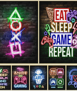 Gaming Neon Canvas Poster: Eat Sleep Game Repeat - Decoratie voor Gamer Kamer